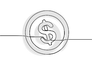 Single continuous line art of coin money. Dollar coin icon isolated on white background. Finance technology banking. Money