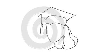 Single continuous line art graduation cap. Celebration ceremony master degree academy graduate design one sketch outline