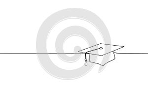 Single continuous line art graduation cap. Celebration ceremony master degree academy graduate design one sketch outline