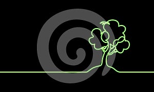 Single continuous line art growing sprout. Green neon light banner. Plant leaves seed grow soil seedling eco natural