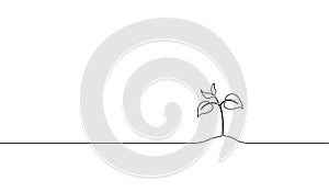 Single continuous line art growing sprout. Plant leaves seed grow soil seedling eco natural farm concept design one