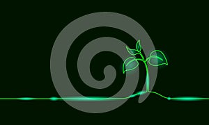 Single continuous line art growing sprout. Plant leaves seed grow soil seedling eco natural farm concept design one