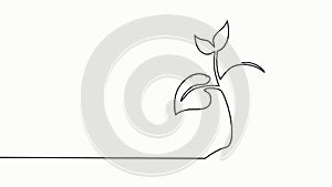 Single continuous line art growing sprout. Plant leaves seed grow soil seedling eco natural farm concept design one