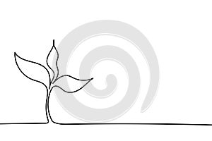 Single continuous line art growing sprout. Plant leaves seed grow soil seedling eco natural farm concept design one sketch outline