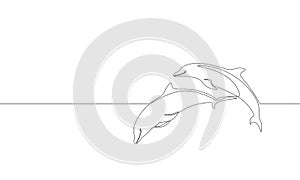 Single continuous line art marine dolphin swim jump silhouette. Nature ocean ecology life environment concept. Big sea