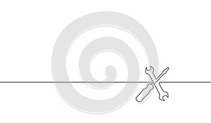 Single continuous line art screwdriver settings symbol silhouette. Computer service technology support design element