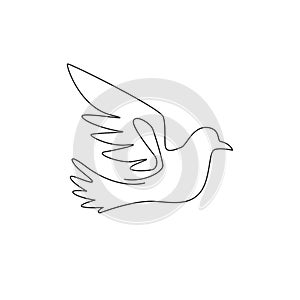 Single continuous line drawing of adorable flying dove bird for logo identity. Cute pigeon mascot concept for freedom and peace