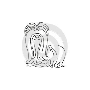 Single continuous line drawing of adorable shih tzu for pet salon logo identity. Purebred dog mascot concept for pedigree friendly