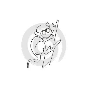 Single continuous line drawing of adorable tarsier for company logo identity. Tiny monkey animal mascot concept for national