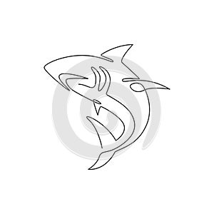 Single continuous line drawing of aggressive shark for nature adventure company logo identity. Wildlife sea fish animal concept