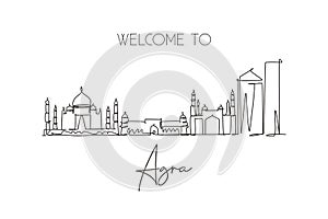 Single continuous line drawing of Agra city skyline, India. Famous city scraper and landscape home wall decor poster print art.