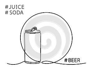 Single continuous line drawing of aluminum can. Stylized soft drink, modern one line style. Line art template of emblem