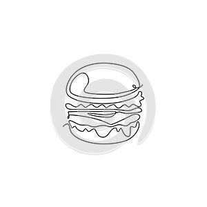 Single continuous line drawing American burger logo label. Emblem fast food sandwich restaurant concept. Modern one line draw