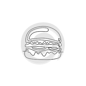 Single continuous line drawing of American burger logo label. Emblem fast food sandwich restaurant concept. Modern one line draw