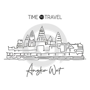 Single continuous line drawing Angkor Wat Temples landmark. Famous place in Siem Reap, Cambodia. World travel tour home art wall