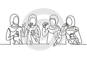 Single continuous line drawing Arabian friends eating fast food meal in restaurant. Group of happy women talking, dinner, burgers