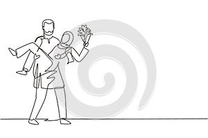 Single continuous line drawing Arabian man holding a woman and making marriage proposal with bouquet. Boy in love giving flowers.