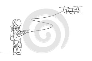 Single continuous line drawing astronaut playing drone plane radio control in moon surface. Having fun in leisure time on outer