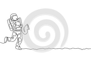 Single continuous line drawing of astronaut playing saxophone musical instrument in moon surface. Deep space music concert concept