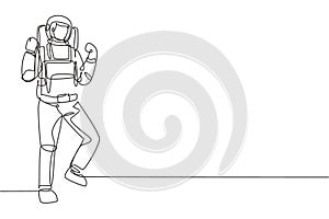 Single continuous line drawing astronaut stands with celebrate gesture wearing space suit exploring earth, moon, other planets in