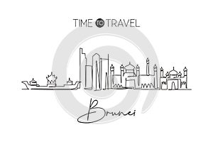 Single continuous line drawing of Bandar Seri Begawan city skyline, Brunei Darussalam. Famous city landscape. World travel concept