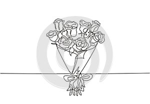 Single continuous line drawing of beautiful fresh rose flower bouquet. Dynamic beauty greeting card, invitation, logo, banner,