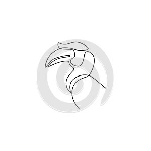 Single continuous line drawing of beauty great hornbill head for company logo identity. Big beak bird mascot concept for national