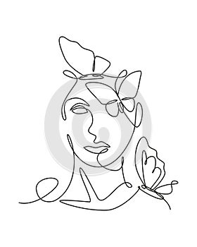Single continuous line drawing beauty woman with butterfly artwork. Botanical, fashion, t-shirt print. Portrait face minimalistic