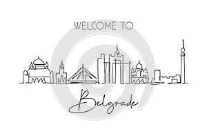Single continuous line drawing of Belgrade city skyline, Serbia. Famous city scraper landscape. World travel concept home decor
