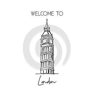 Single continuous line drawing of Big Ben clock tower landmark. Historical iconic beauty place in London. Home decor wall art