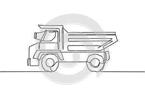 Single continuous line drawing of big dump truck for delivery coal mining. Haul truck, business vehicle. Heavy transport machines