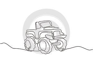 Single continuous line drawing big monster truck. Cartoon funny style. Side view. Extreme automobile. Auto in flat design.