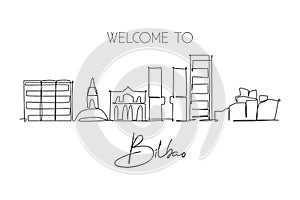 Single continuous line drawing of Bilbao city skyline, France. Famous skyscraper landscape postcard. World travel home wall decor