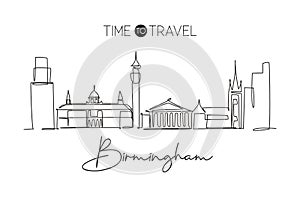 Single continuous line drawing of Birmingham city skyline. Famous city skyscraper and landscape. World travel home wall decor art