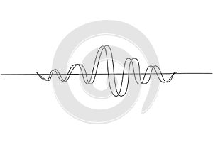 Single continuous line drawing black sound waves. Music audio frequency, voice line waveform, electronic radio signal, volume