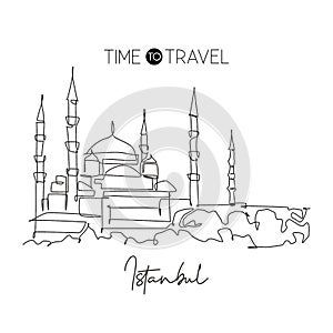 Single continuous line drawing Blue Mosque landmark. Beautiful famous place in Istanbul, Turkey. World travel home art wall decor