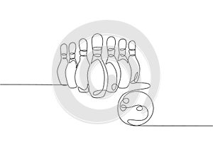 Single continuous line drawing of bowling pins lined up at bowling lane. Doing sport hobby at leisure time concept. Trendy one