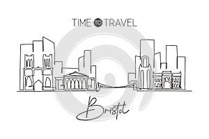 Single continuous line drawing of Bristol city skyline. Famous city skyscraper and landscape. World travel wall home decor poster