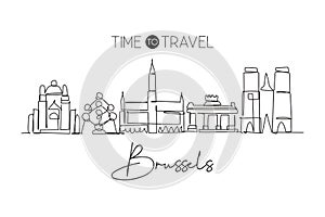 Single continuous line drawing of Brussels city skyline, Belgium. Famous skyscraper landscape postcard. World travel home decor