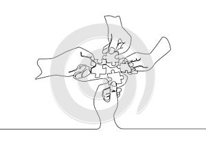 Single continuous line drawing of business team members unite puzzle pieces together to one as team building symbol