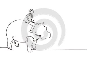 Single continuous line drawing businessman riding hippopotamus symbol of success. Business metaphor concept, looking at goal,