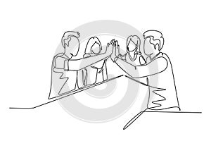 Single continuous line drawing of businessmen and businesswomen celebrating their successive goal at business meeting with high