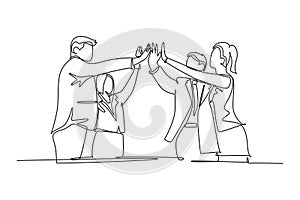 Single continuous line drawing of businessmen and businesswomen celebrating their successive goal at business meeting with high