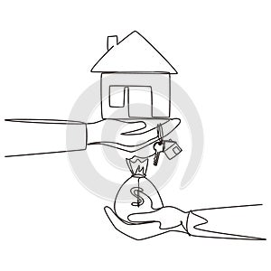 Single continuous line drawing buying-selling houses, refinance your houses, change assets capitalization. Buying a house. Sale