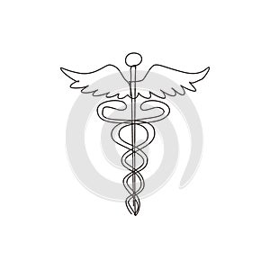 Single continuous line drawing caduceus, medical center, pharmacy, hospital with popular symbol of medicine. Medical health care