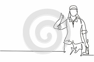 Single continuous line drawing carpenter woman with a thumbs-up gesture works in his workshop making wooden products. Skills in