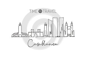 Single continuous line drawing of Casablanca city skyline Morocco. Famous city scraper and landscape in the world. World travel