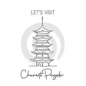 Single continuous line drawing Chureito Pagoda landmark. Beautiful famous place in Fujiyoshida, Japan. World travel tour wall