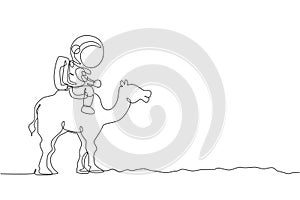 Single continuous line drawing of cosmonaut with spacesuit riding desert camel, farm animal in moon surface. Fantasy astronaut