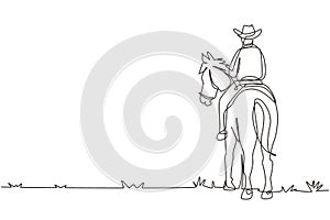 Single continuous line drawing cowboy riding horses in desert on wooden sign. Mustang and person outdoor at sunset. Cowboy and